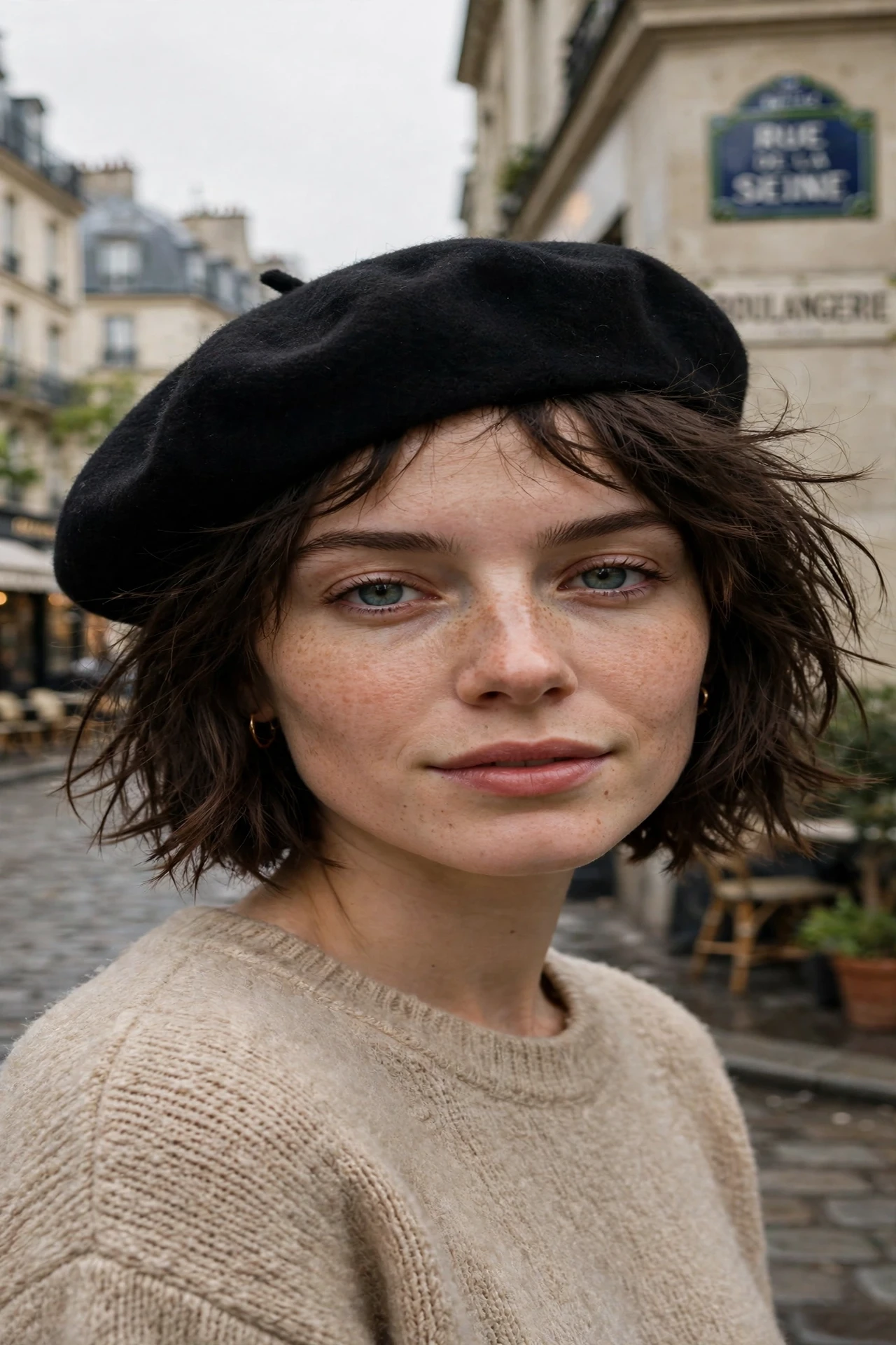 Woman wearing a beret over a tousled parisian bob on a Paris street