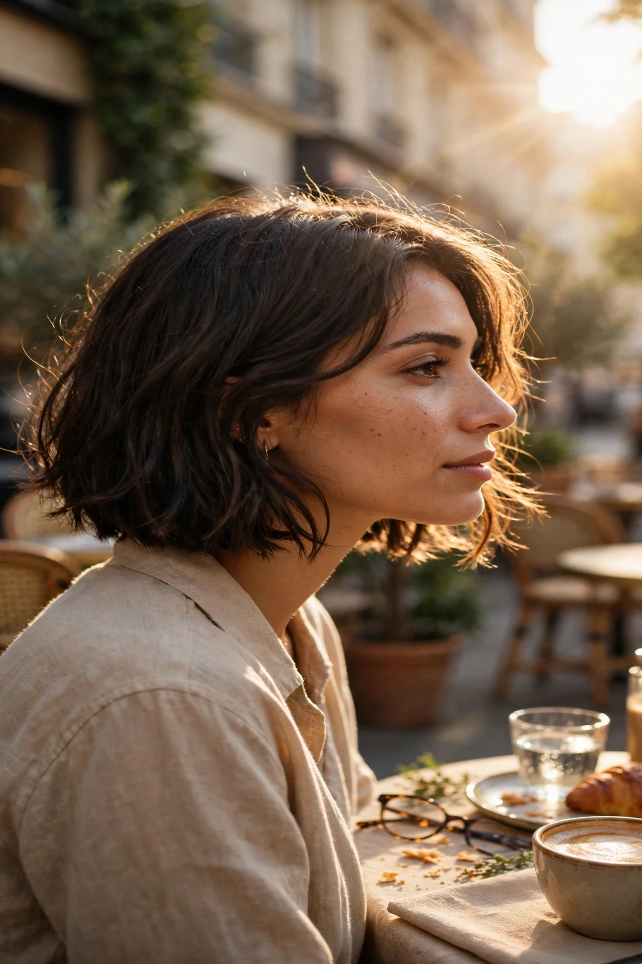 Chin length parisian bob with soft ends, woman at outdoor café in sunlight