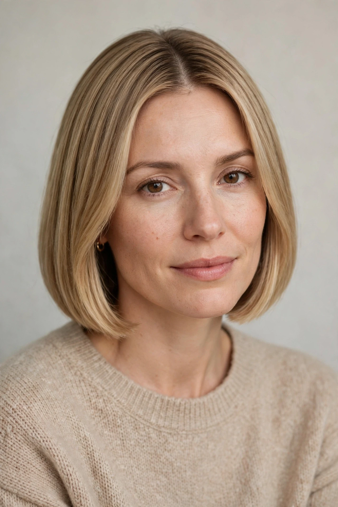 Prada bob with soft curtain fringe parted in the middle