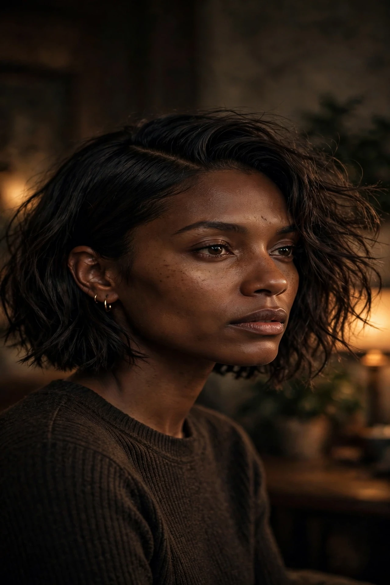 Parisian bob with a deep side part, sleek roots and tousled ends