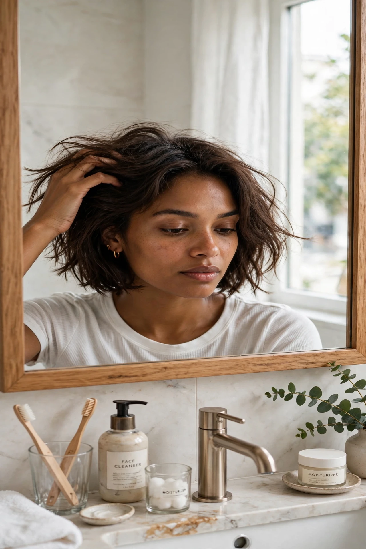 Woman quickly tousling her parisian bob in a bathroom mirror, morning routine