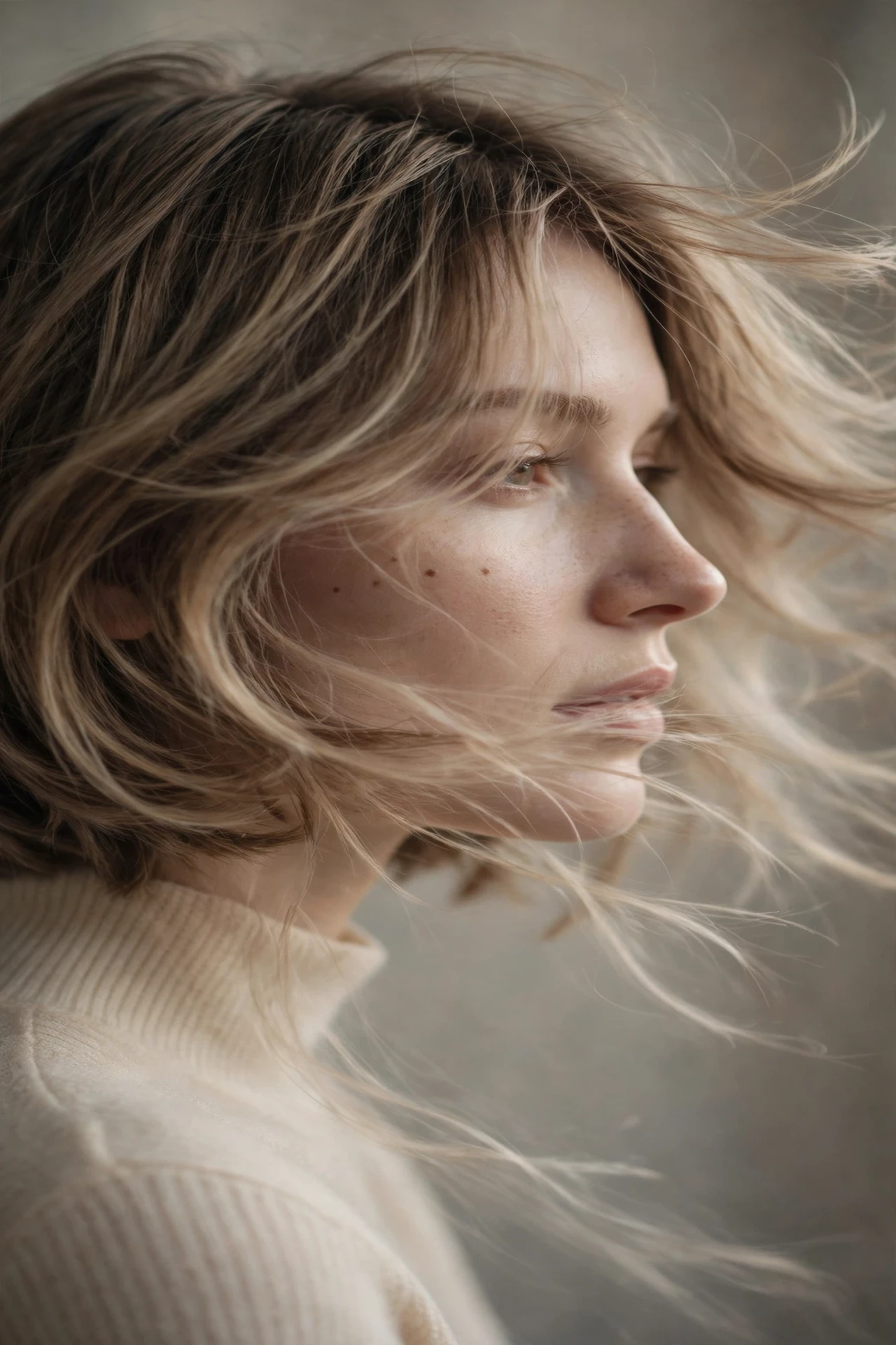 Soft flou layers in a parisian bob, feathered movement