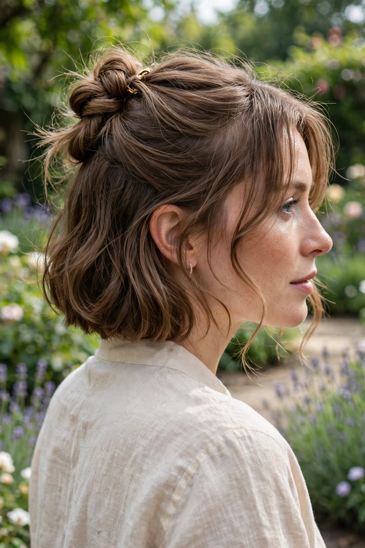 Parisian bob in a half up twist with loose face framing strands