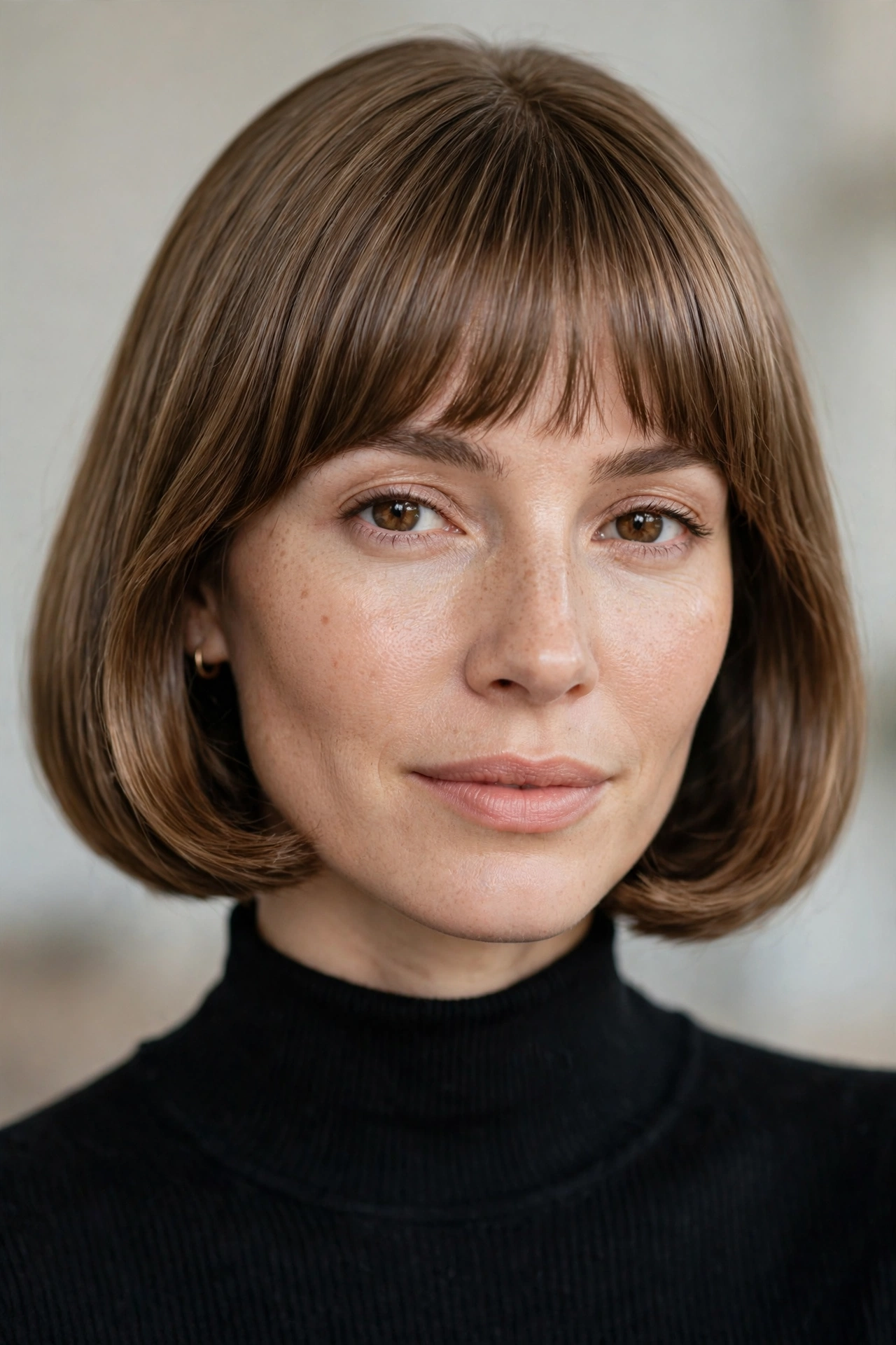 Classic pageboy bob haircut with curved under ends and a full fringe