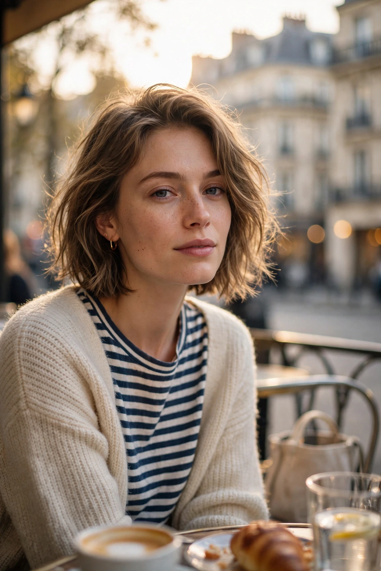 Parisian bob on a woman with effortless tousled waves sitting at a Paris café terrace