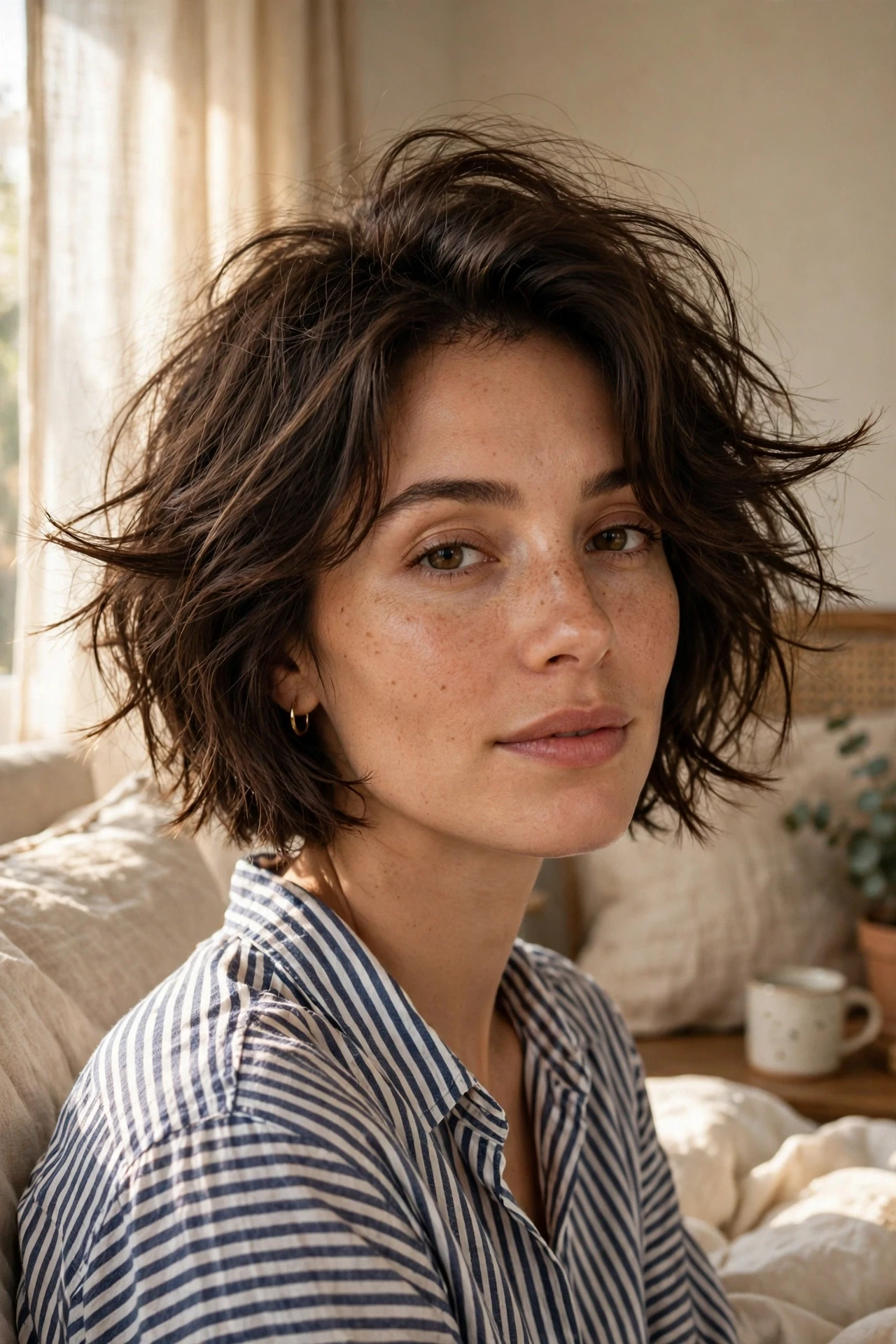 Tousled bedhead parisian bob with natural morning texture