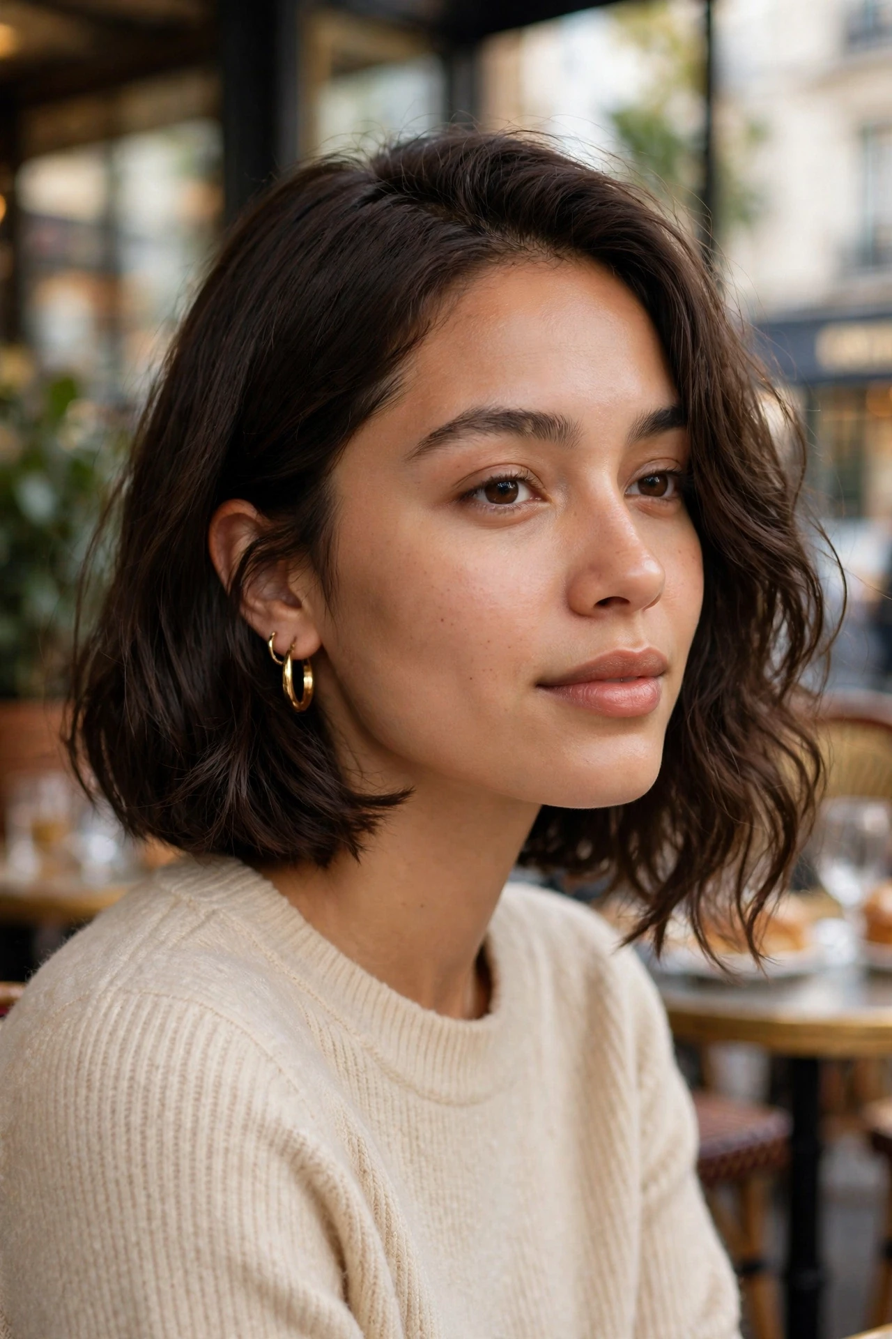 Parisian bob with one side tucked behind the ear, showing earring