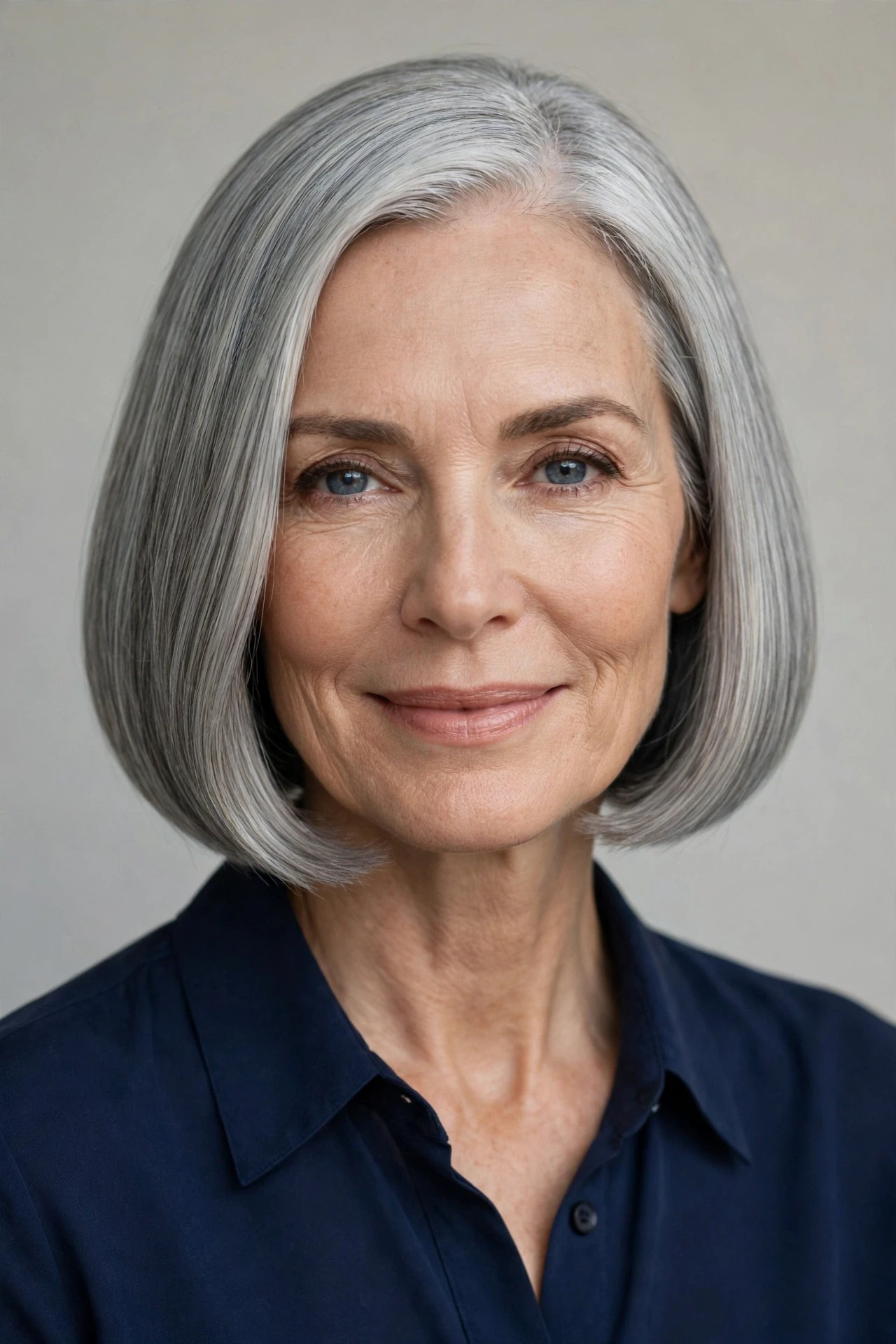 Prada bob for women over 50 with sleek silver grey hair