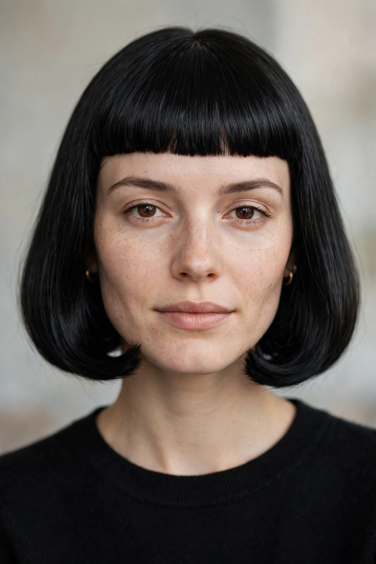 Pageboy bob with a sharp blunt fringe above the eyebrows