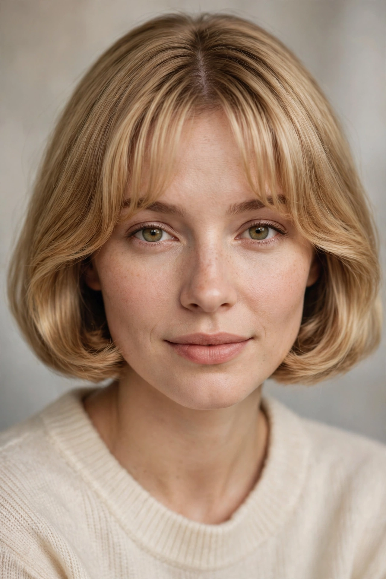 Pageboy bob with soft curtain fringe parted in the middle