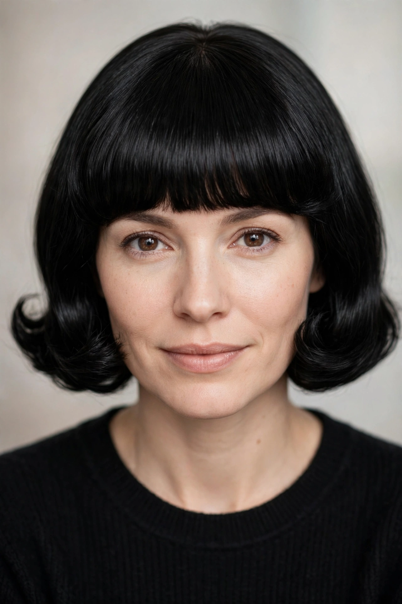 Pageboy bob with a thick full fringe and curved under ends