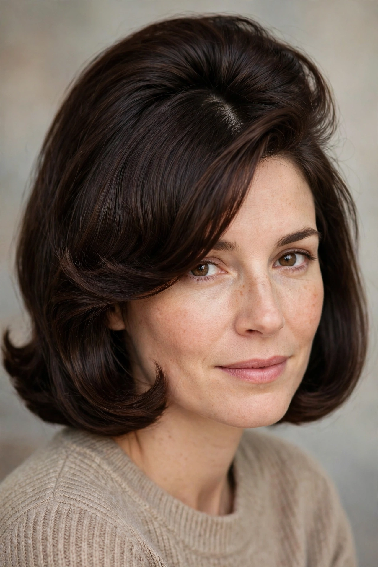 Pageboy bob with a deep side part and side swept fringe