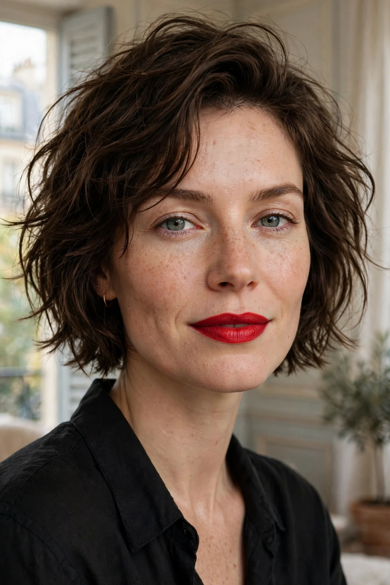 Woman with parisian bob and classic red lipstick, Parisian style
