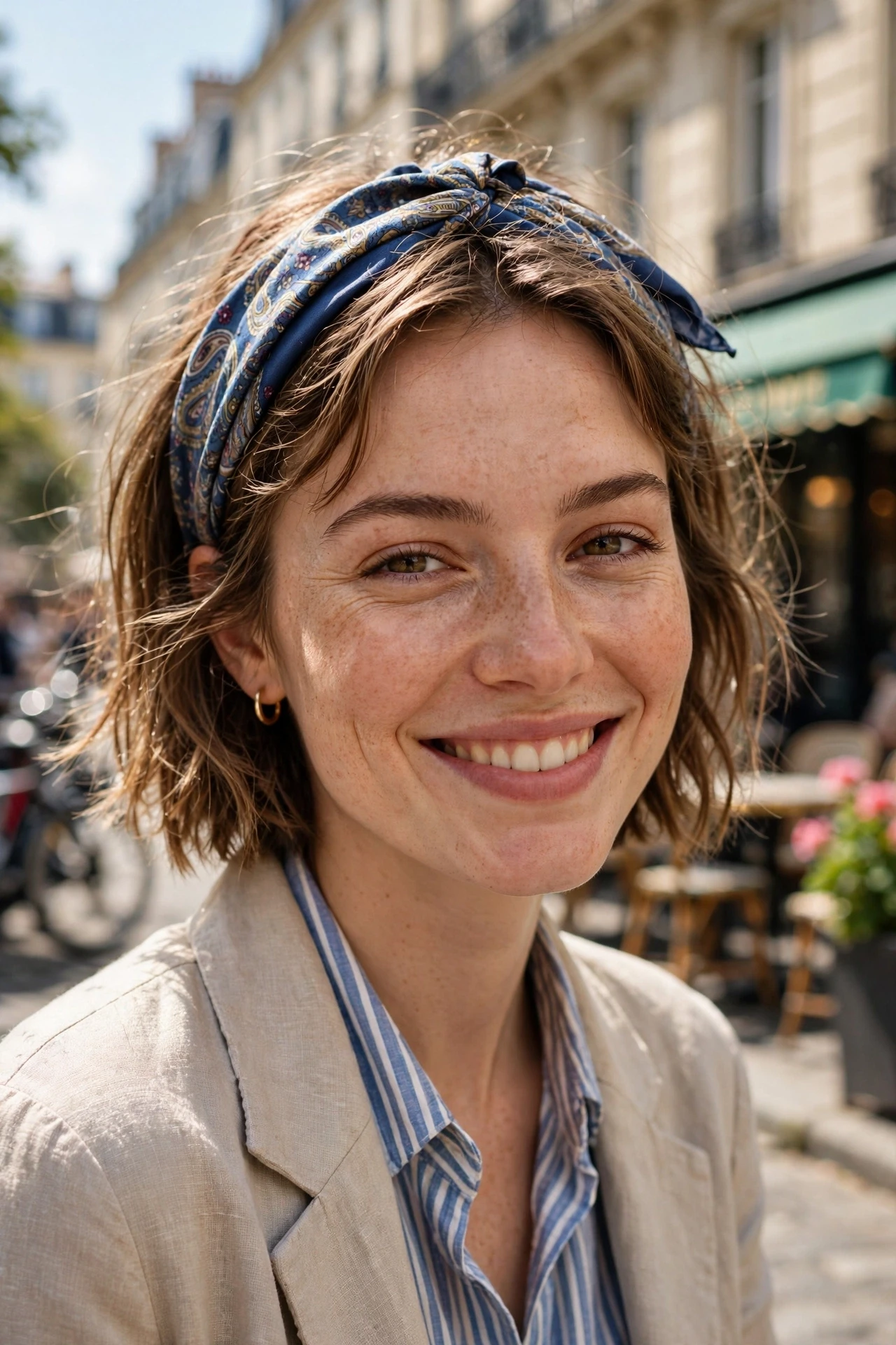 Parisian bob styled with a silk scarf tied as a headband