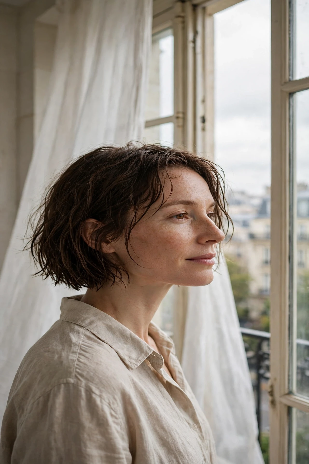 Woman with damp parisian bob air drying naturally by an open window