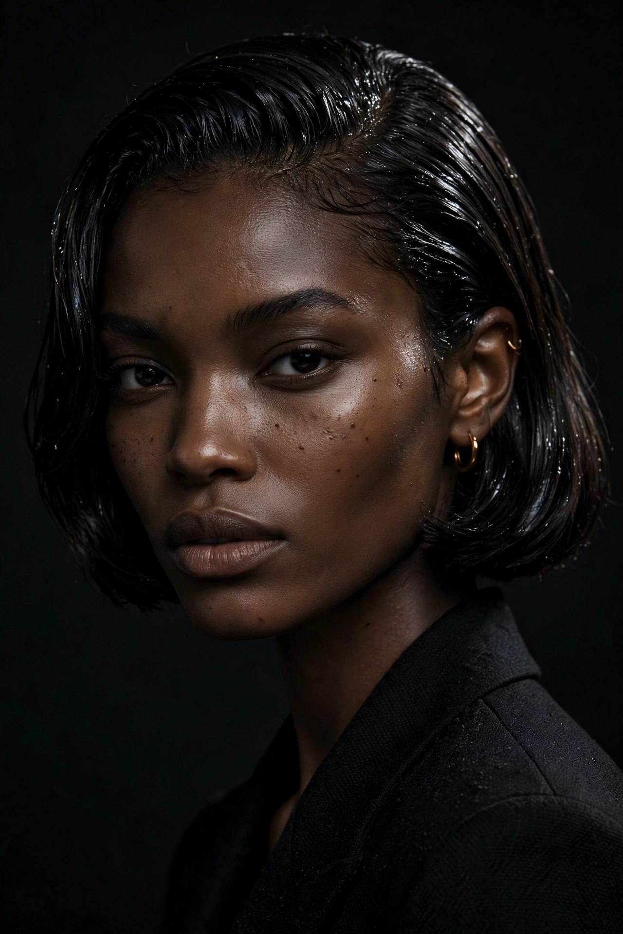 Wet look parisian bob with glossy slicked texture, editorial style