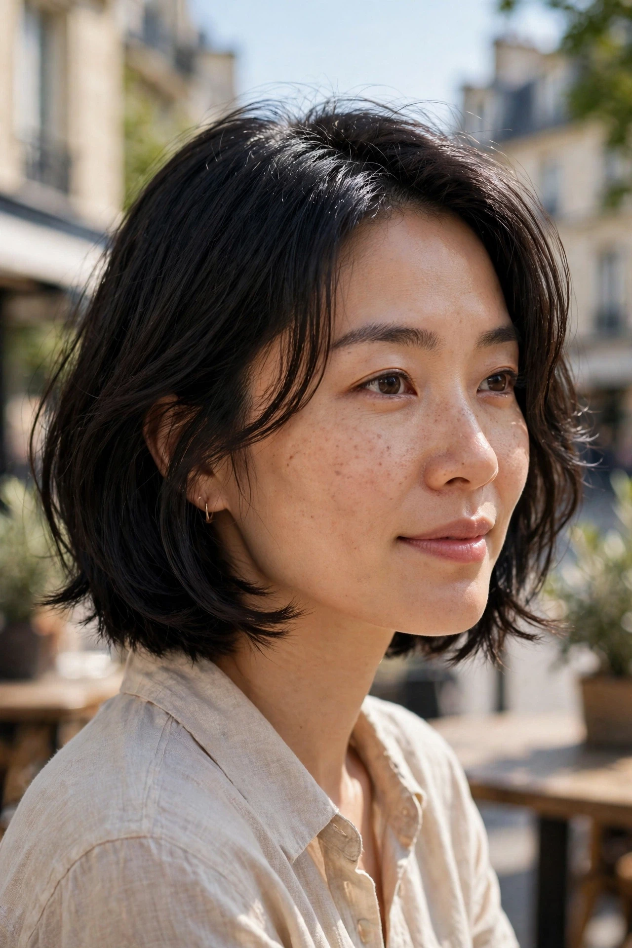 Parisian bob without bangs, soft face framing layers