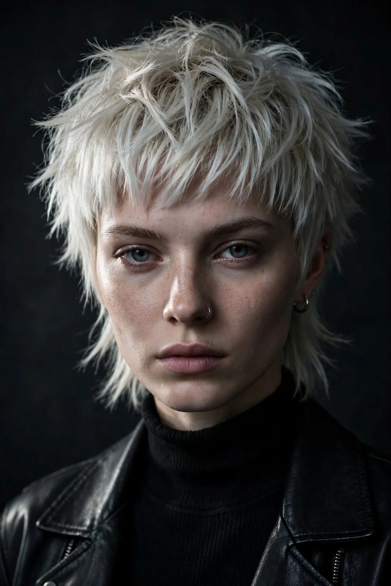 Platinum blonde bixie cut with icy tones on a woman in her 20s