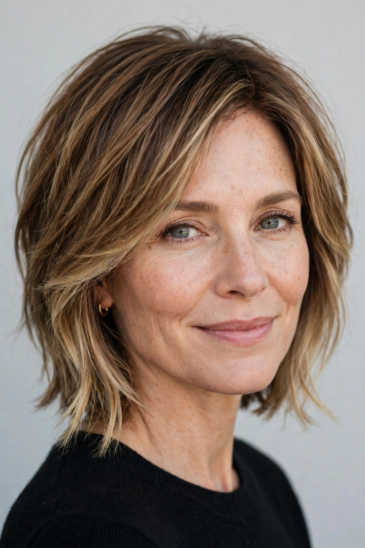 Medium layered pixie bob with jaw length layers and soft swing