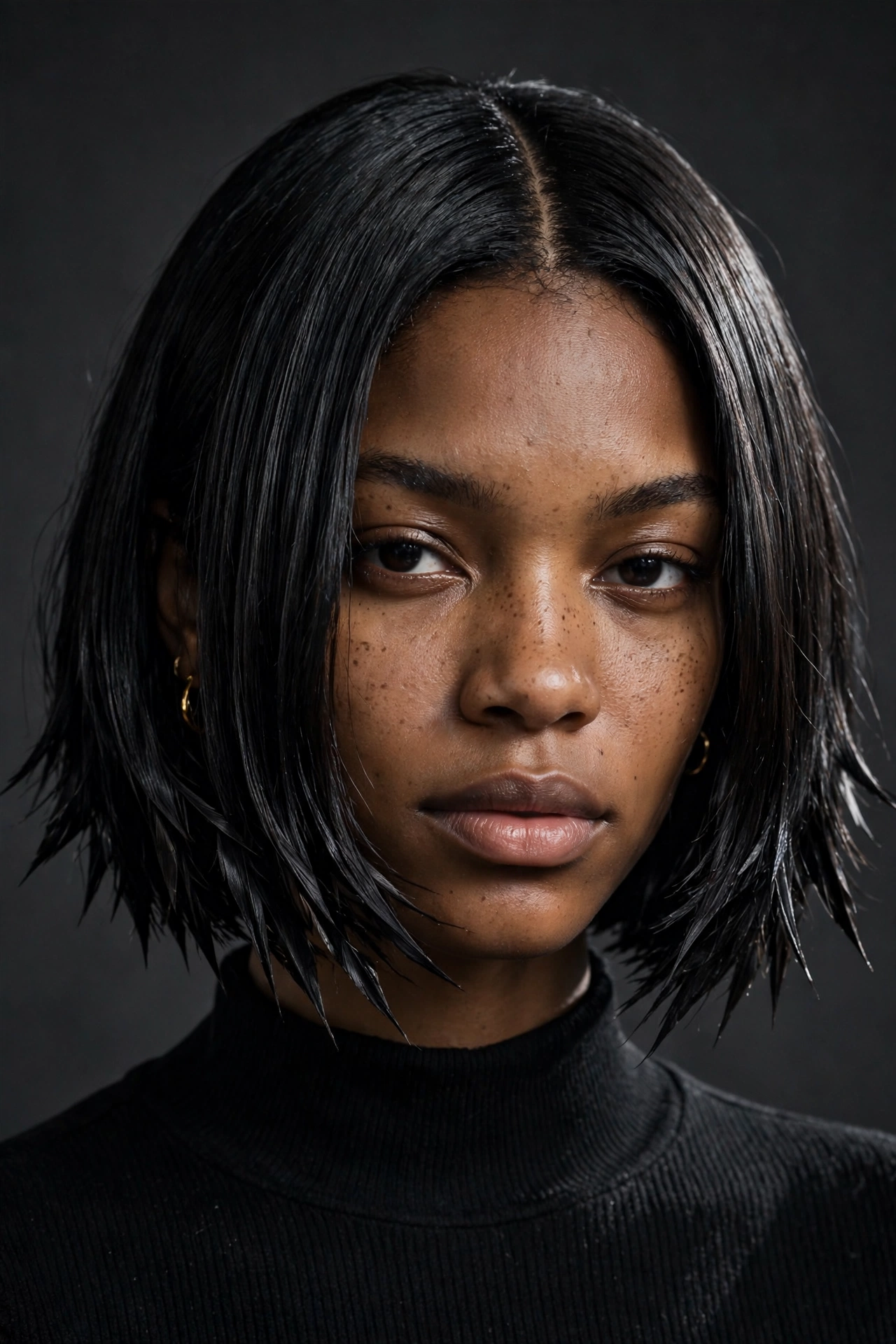 Chin-length bob on straight dark hair with razor-sharp piecey ends