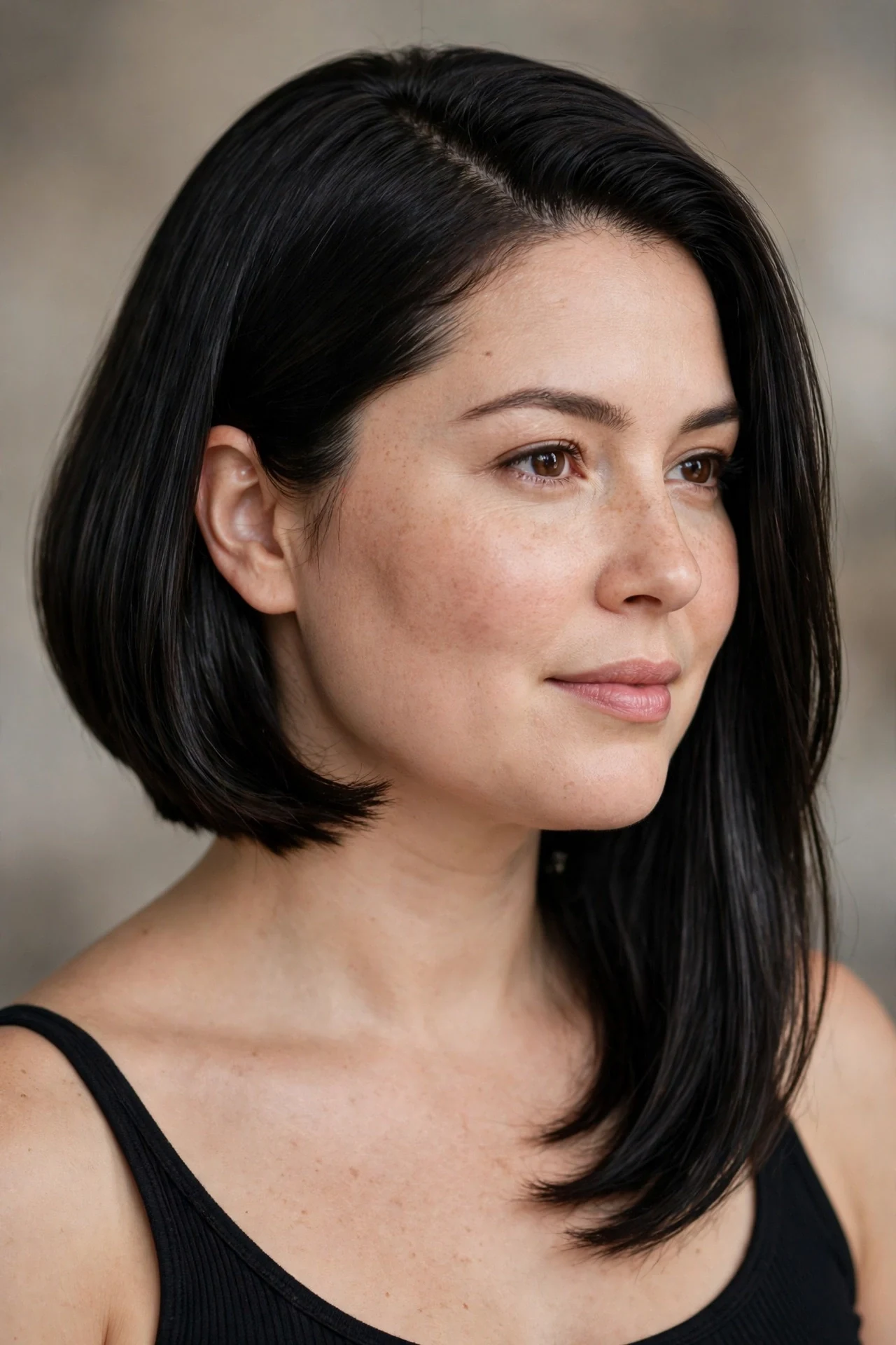 A-line lob with longer front pieces on a round faced woman