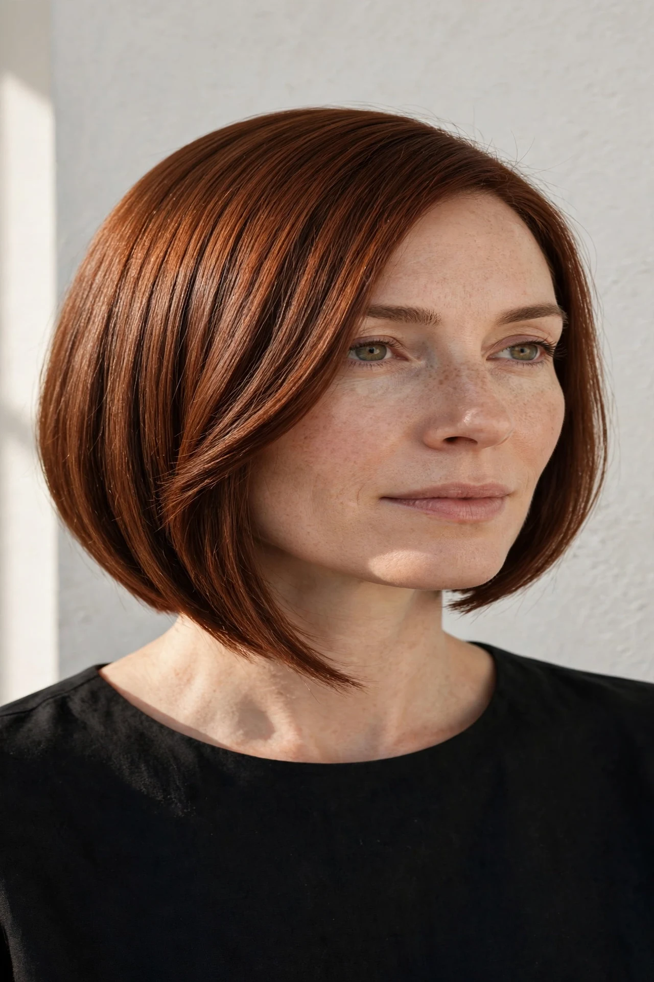 Asymmetrical angled french bob with longer front on a round face