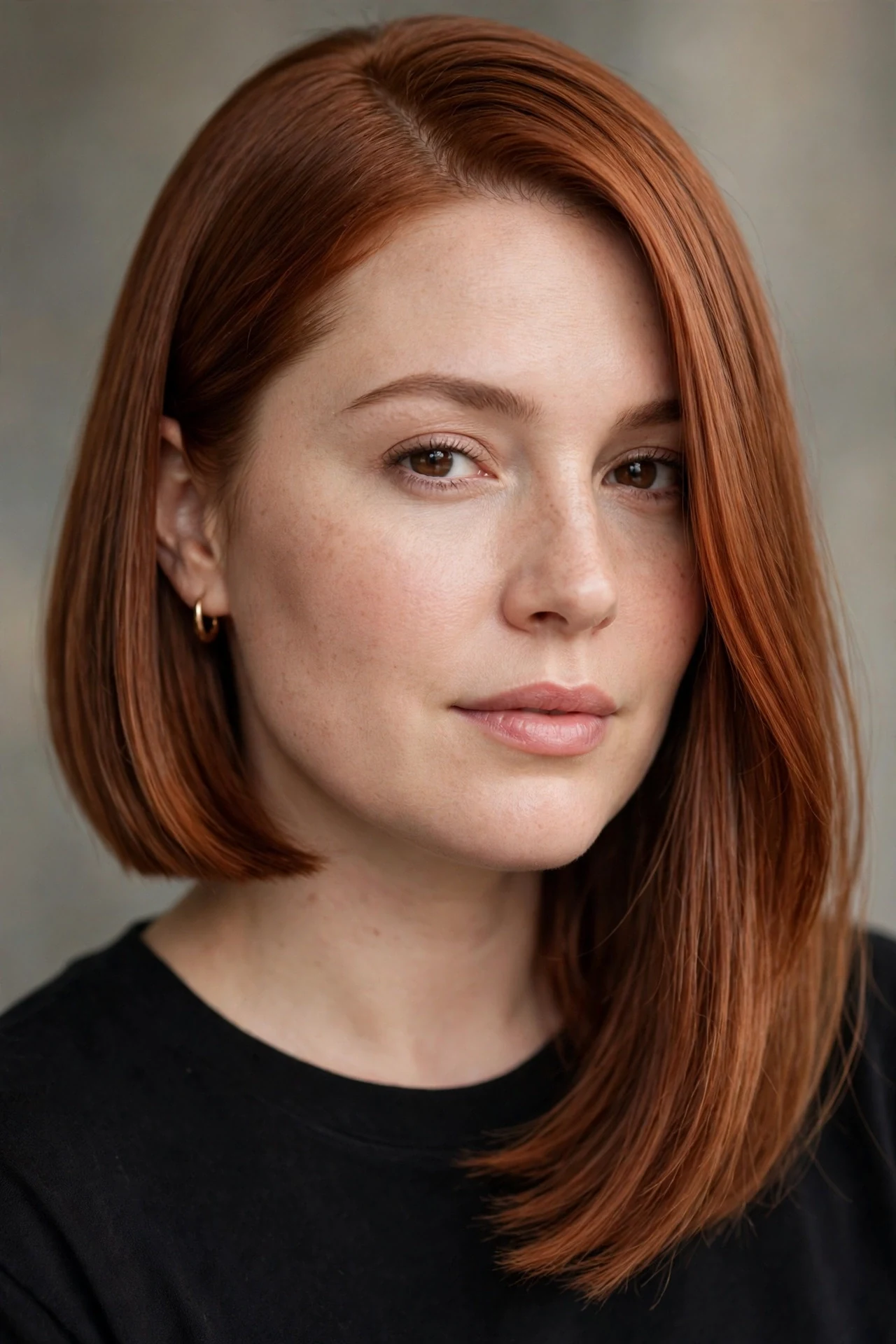 Asymmetrical lob longer on one side on a round faced woman