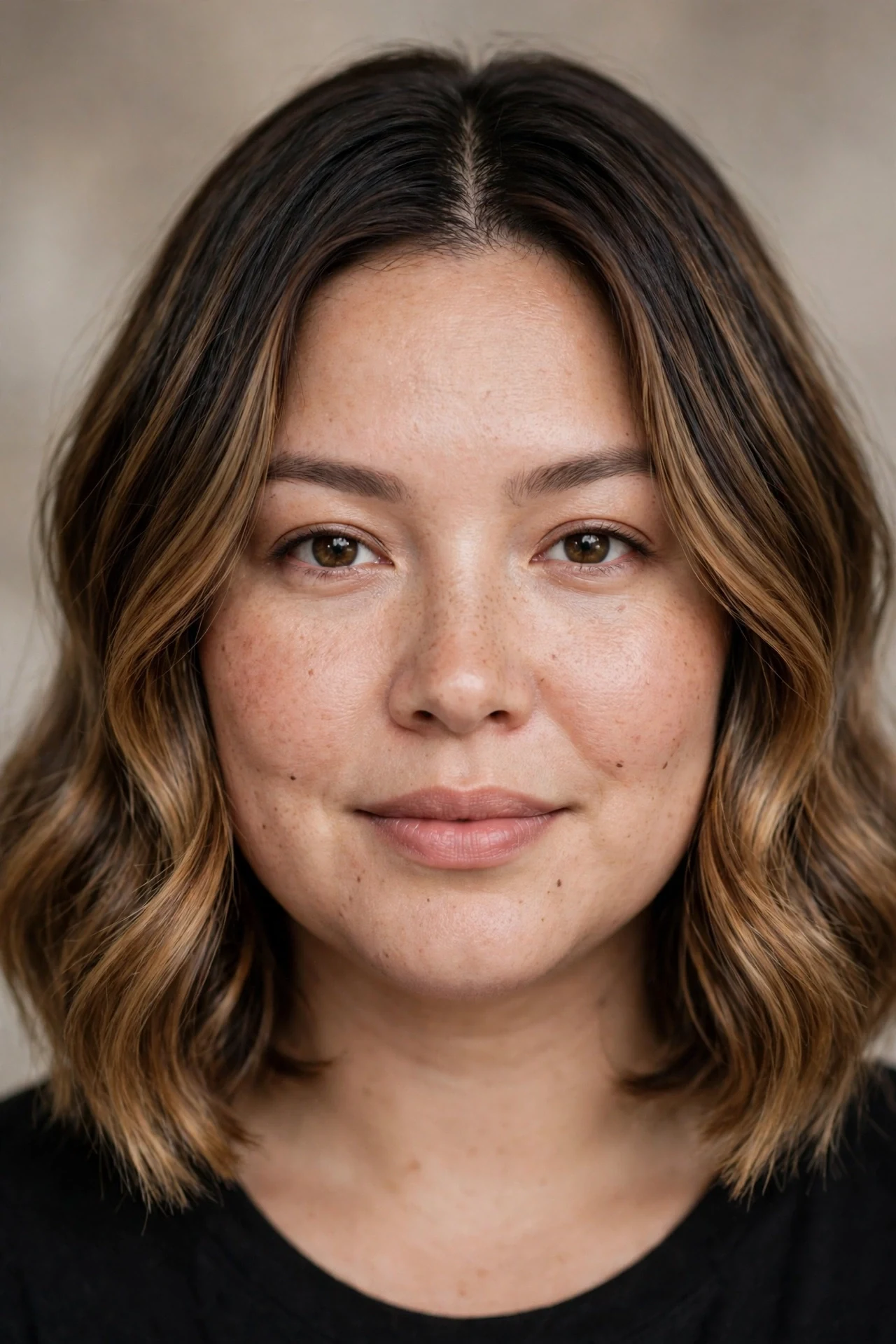 Balayage lob with caramel ends on a round faced woman