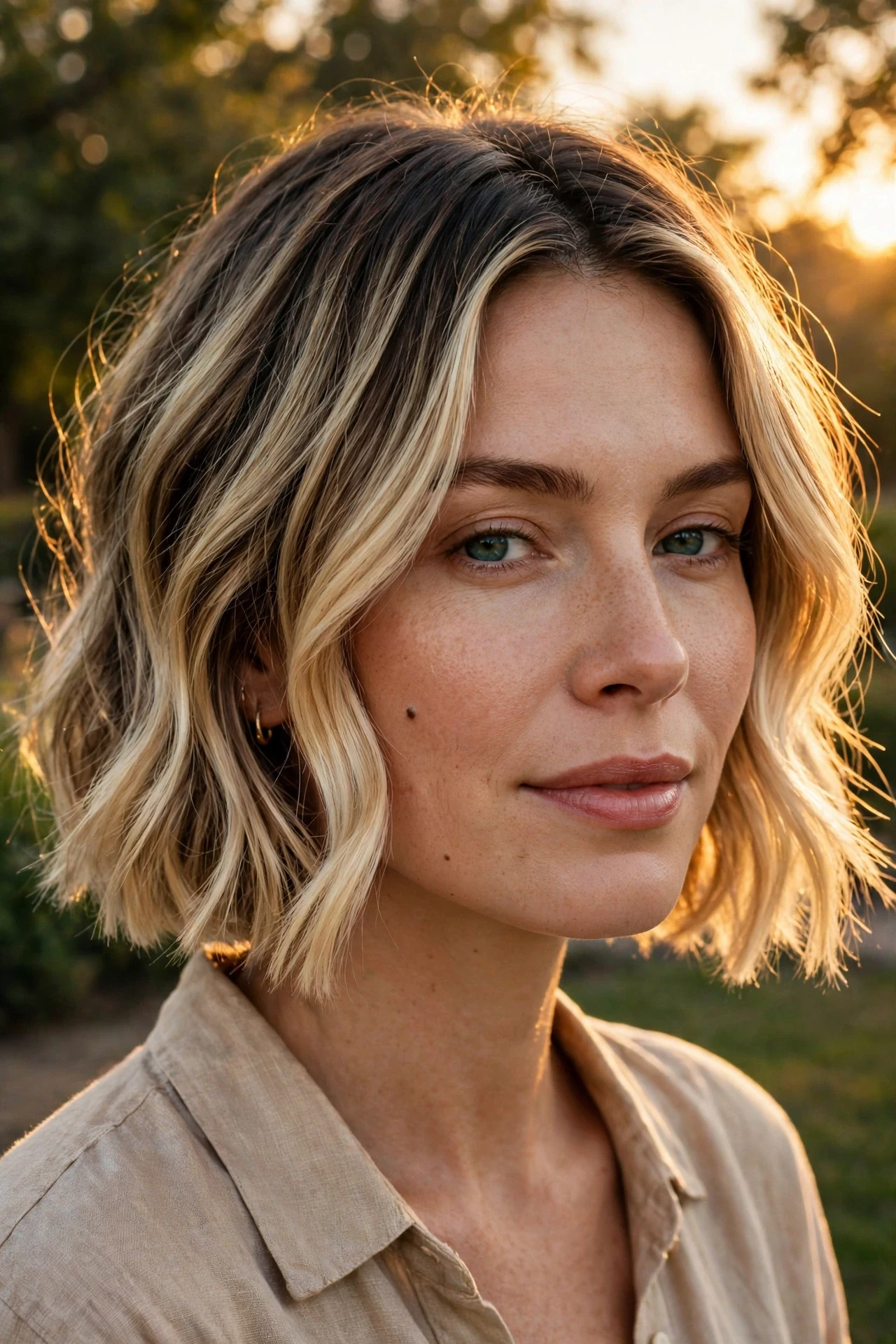 Blonde balayage french bob with darker roots for round faces