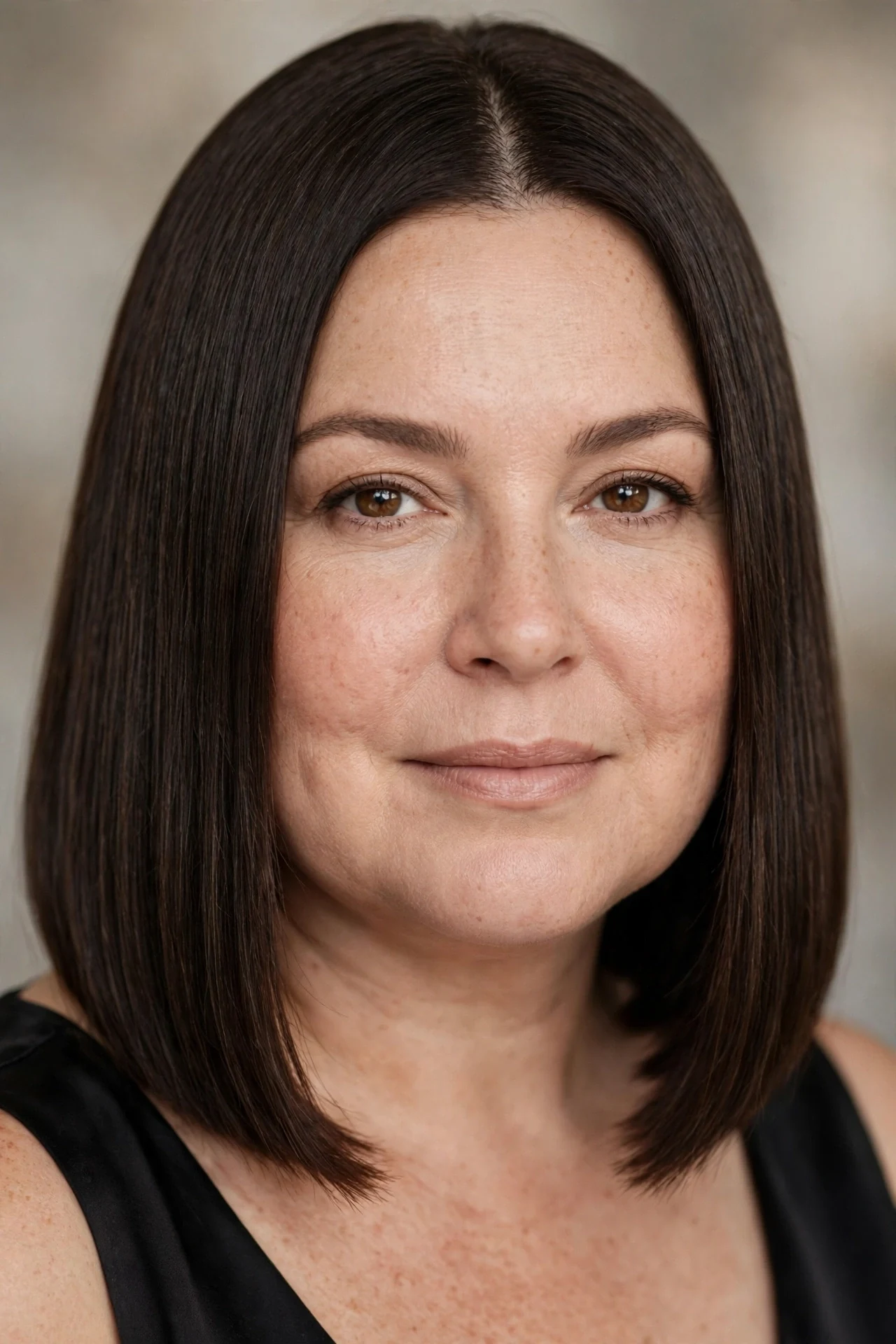 Blunt one length lob at the collarbone on a round faced woman