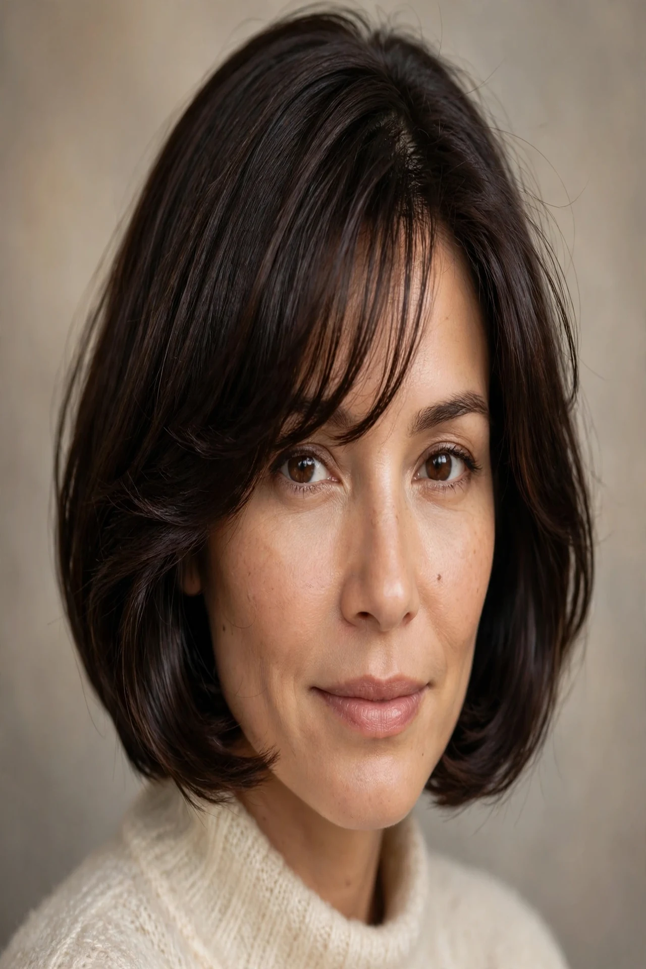 Brunette french bob with soft off center bangs on a round face