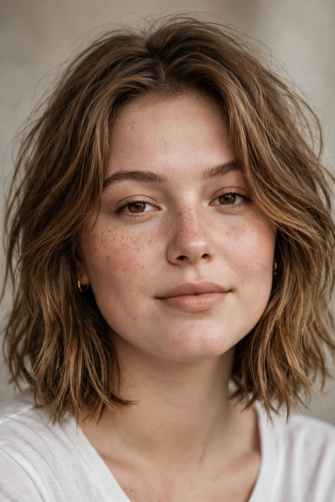 Choppy lob with textured layers on a round faced woman