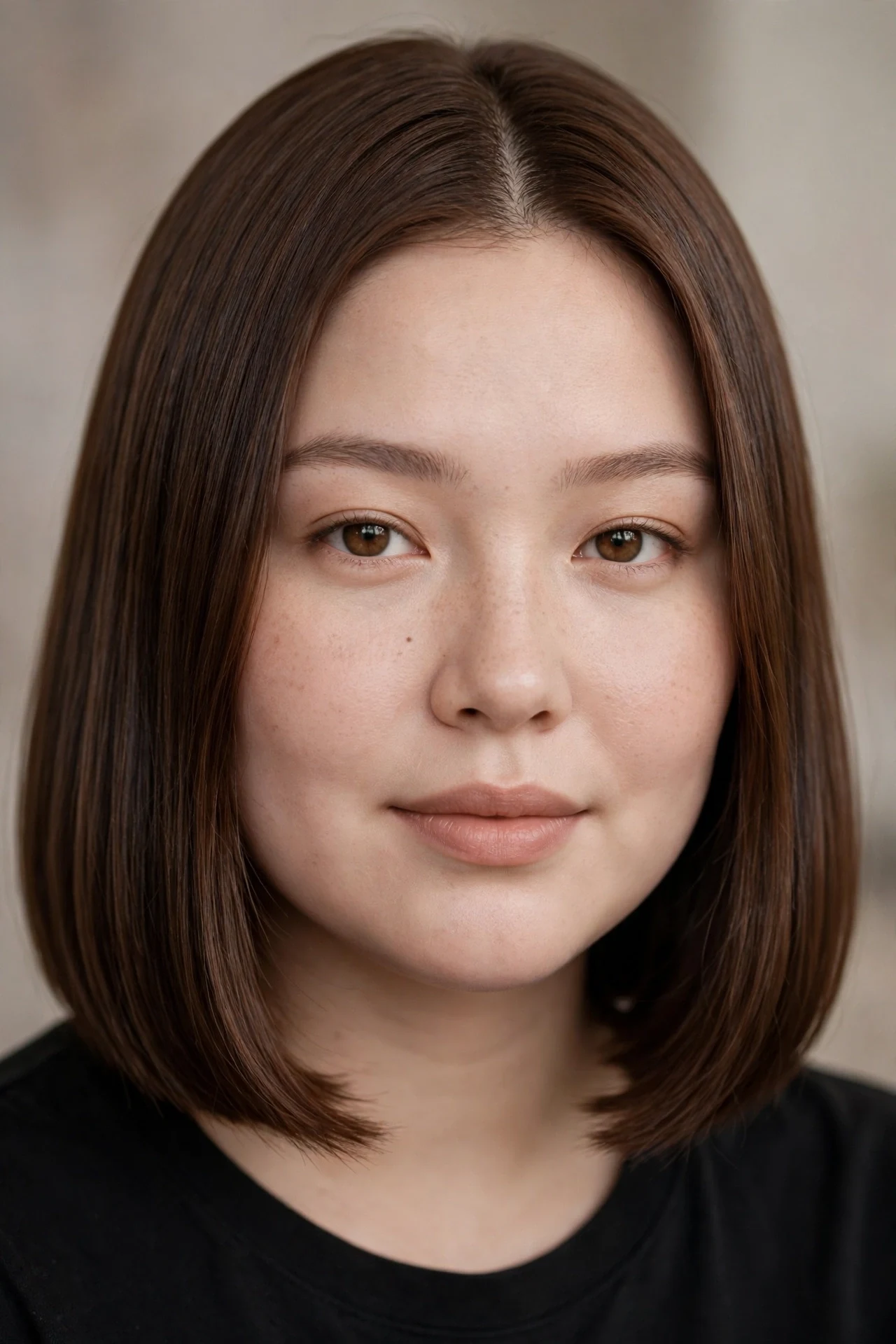 Classic below chin lob on a round faced woman with smooth chestnut hair