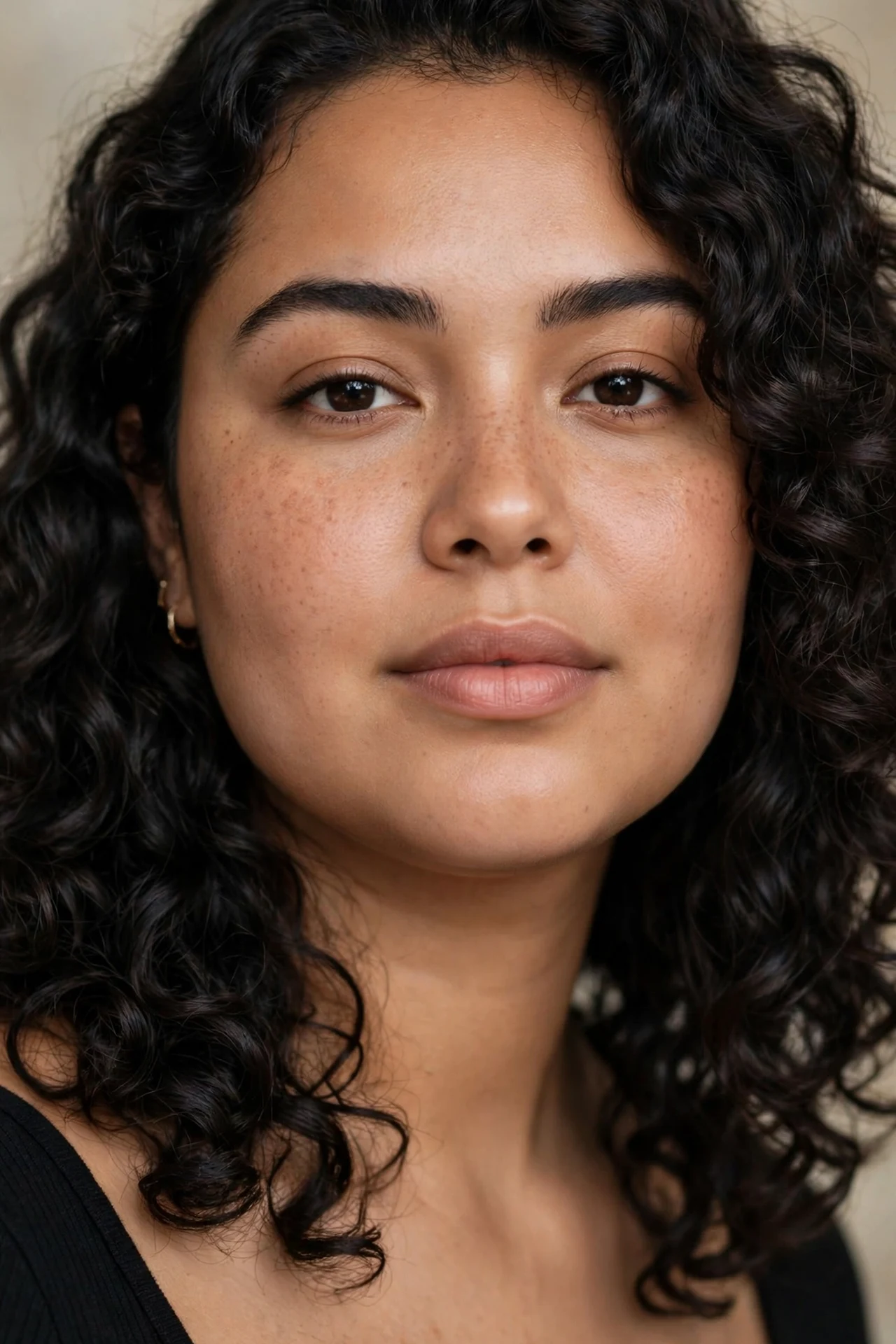 Curly lob ending below the chin on a round faced woman