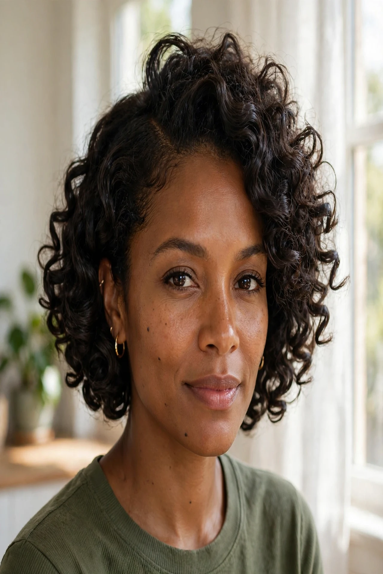 Curly french bob with side part and controlled volume for round faces