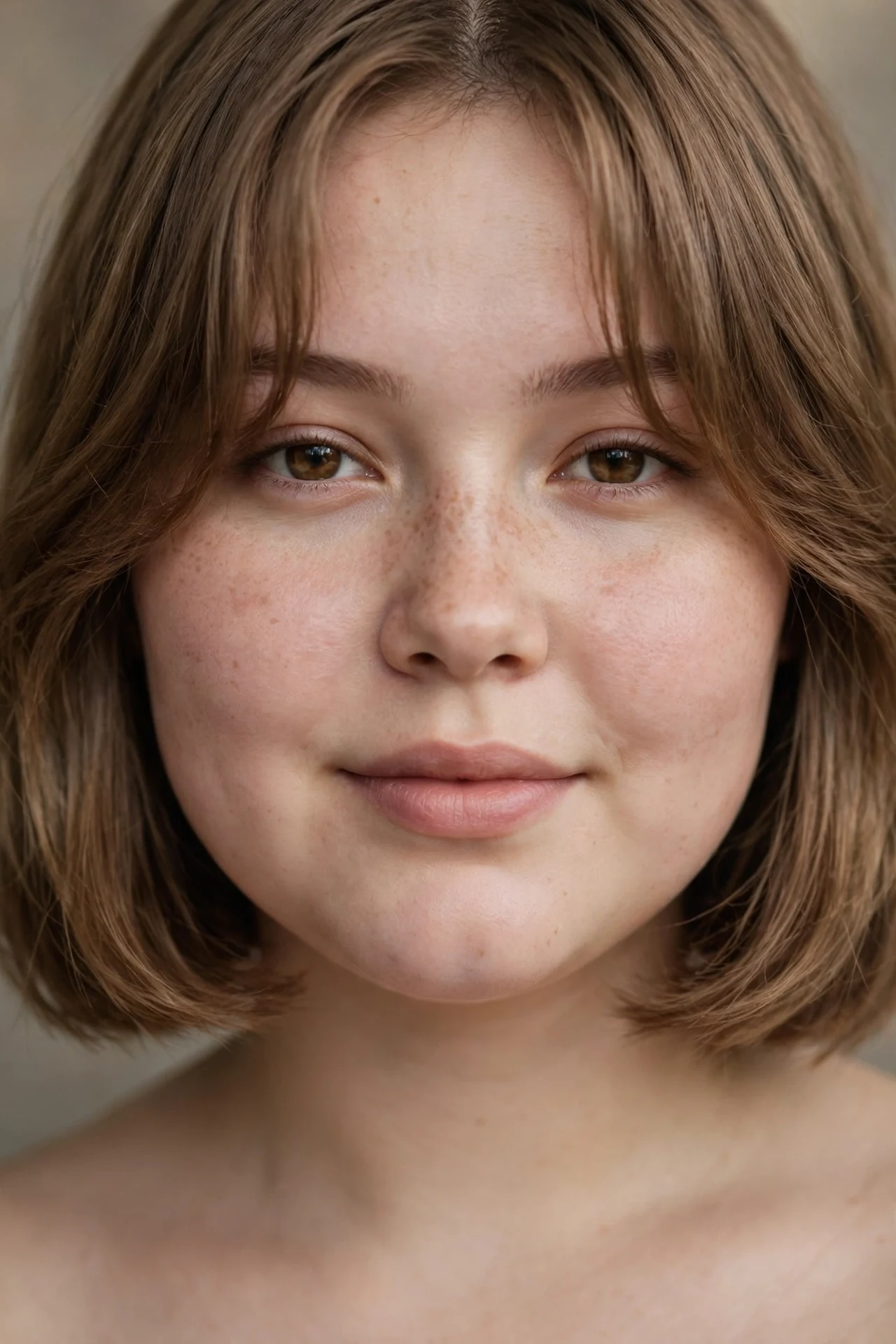 Curtain bangs lob framing the cheeks of a round faced woman