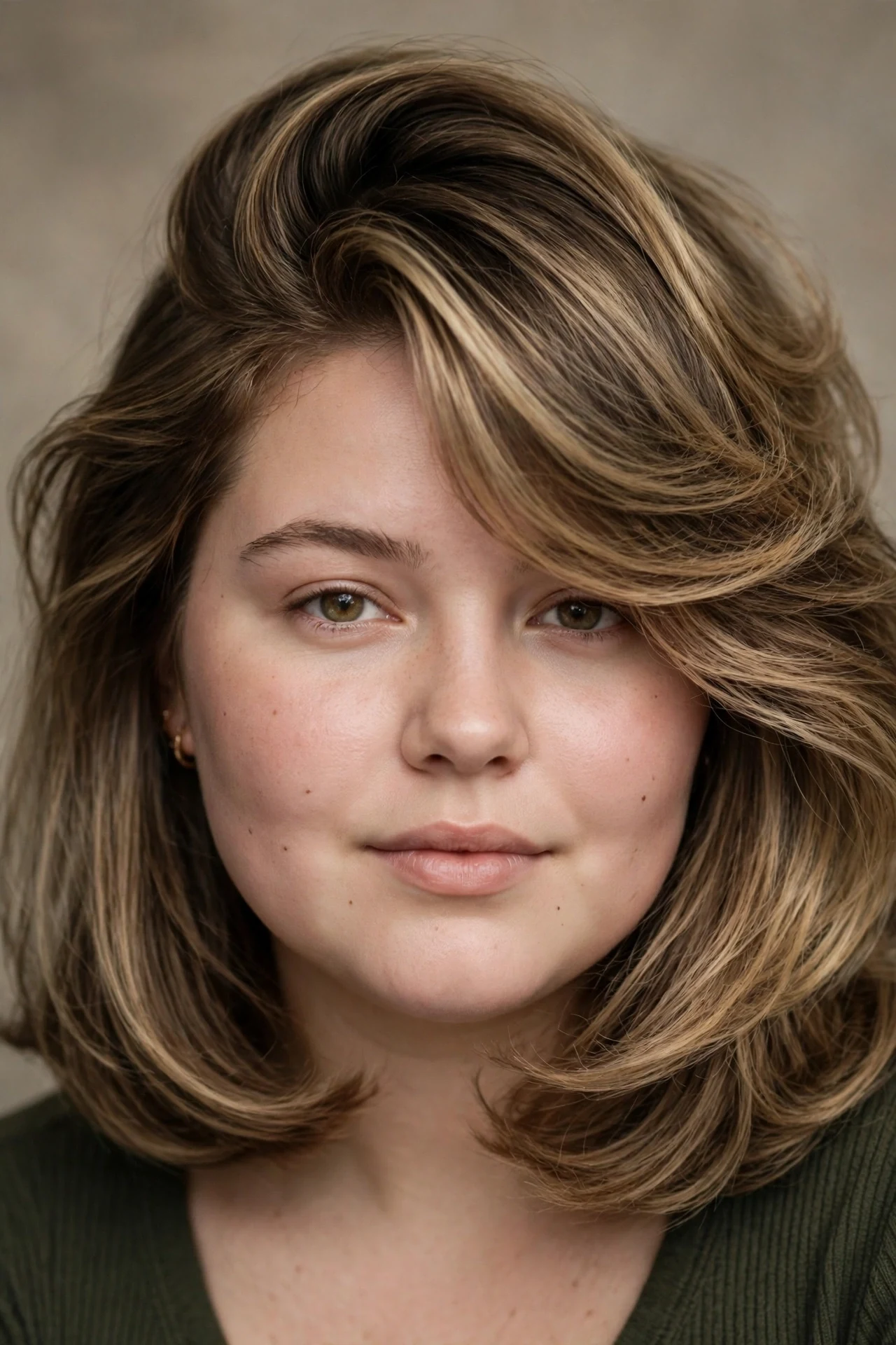 Deep side part lob with swept volume on a round faced woman