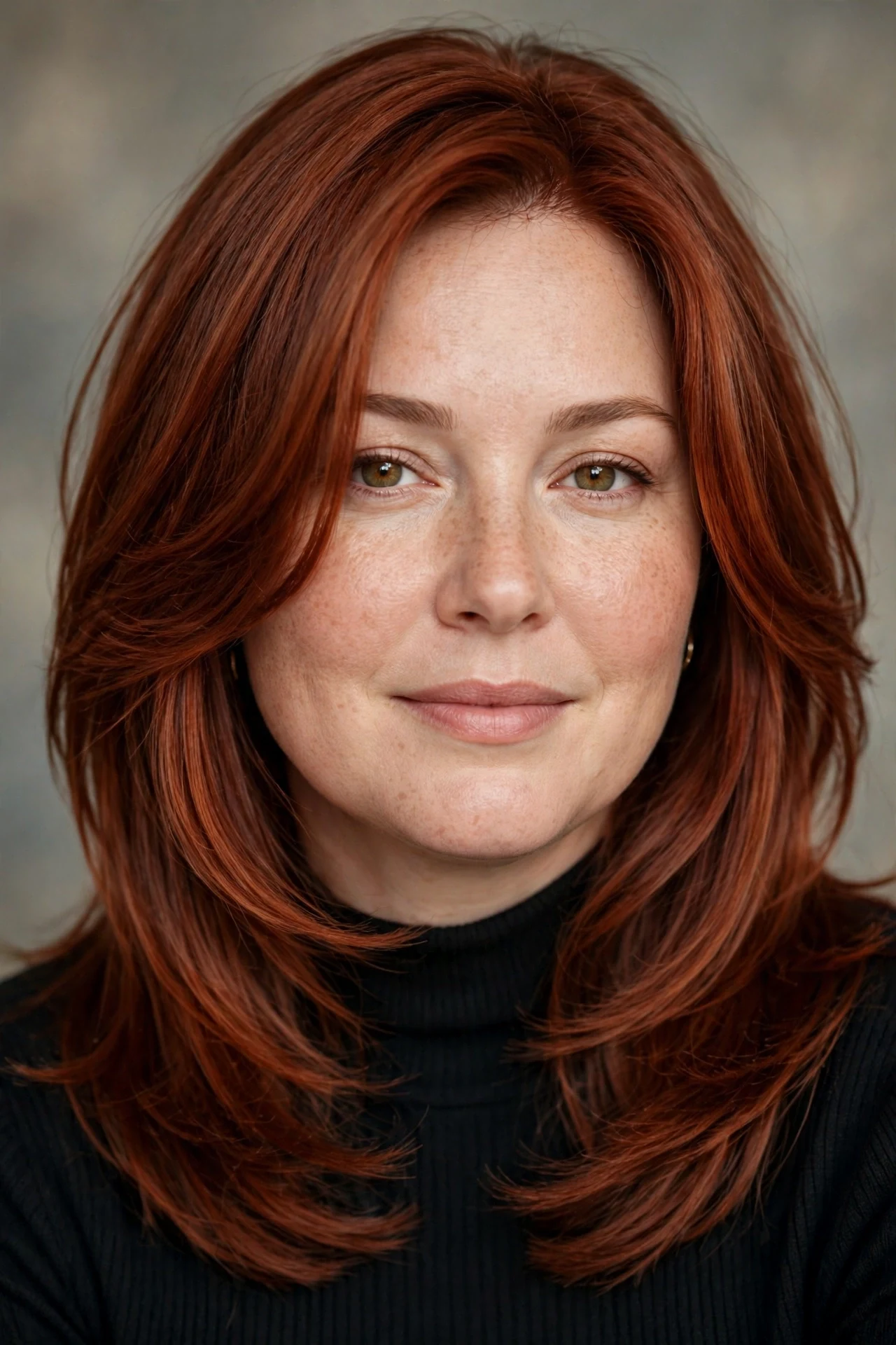 Face framing layers lob on a round faced woman with auburn hair