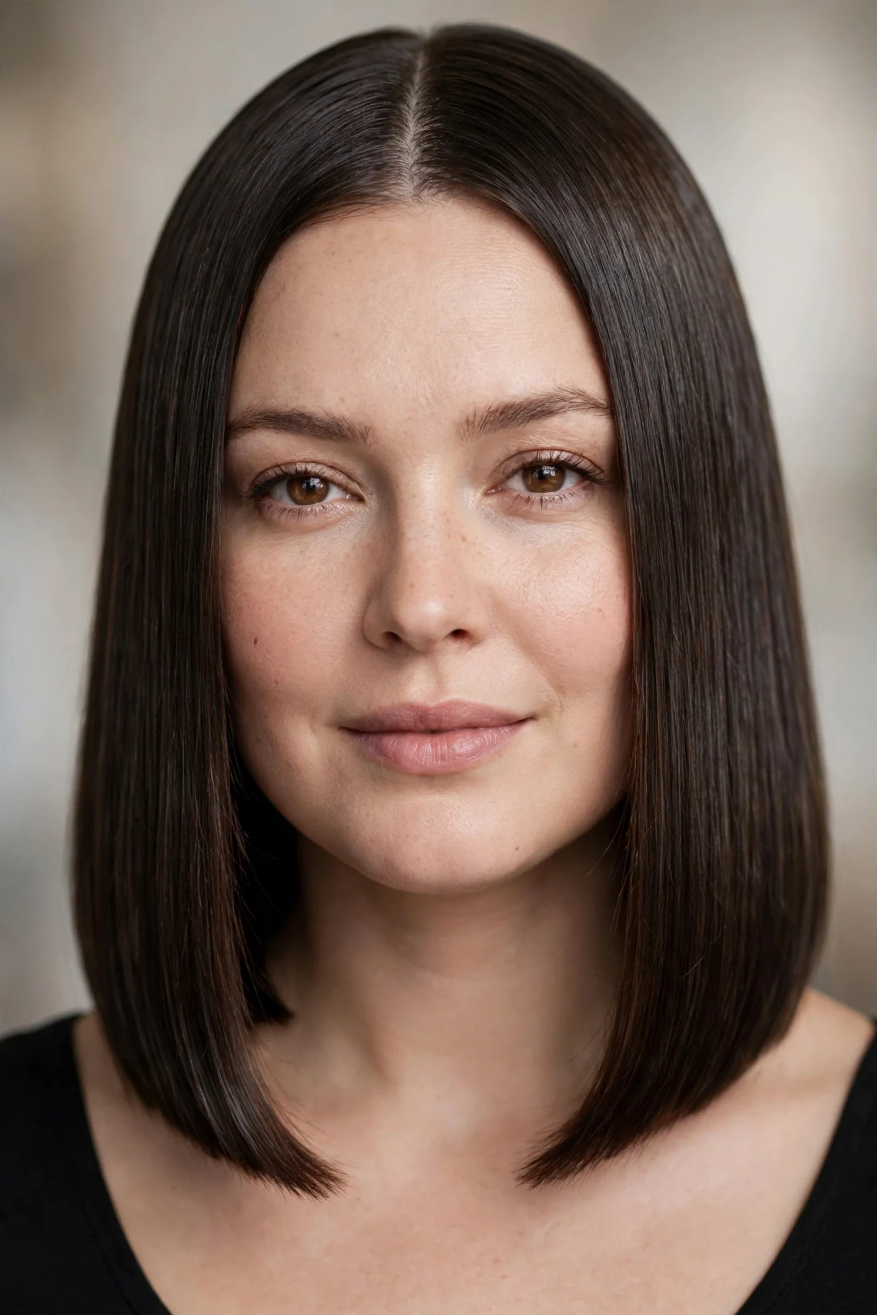Glass hair lob with mirror shine finish on a round faced woman