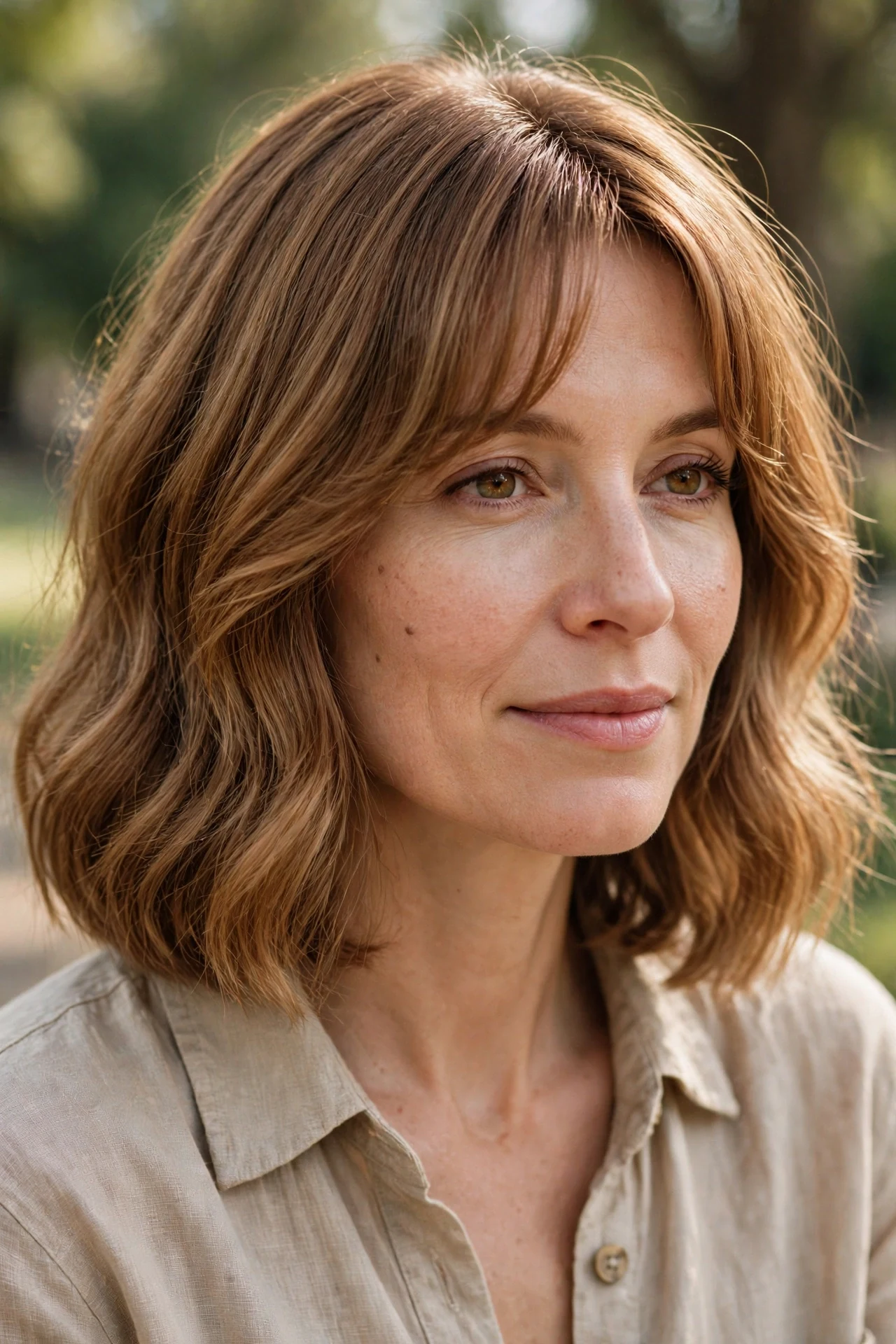 Grown out french bob with long curtain fringe elongating a round face