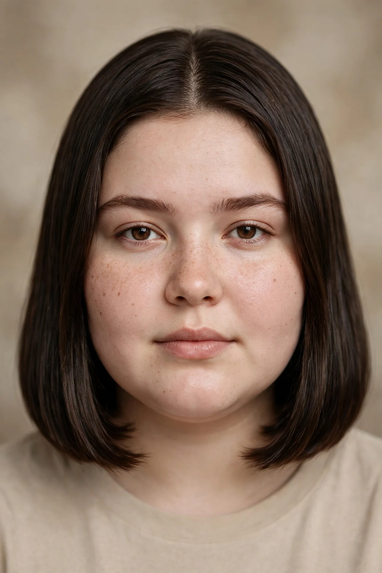 Long bob haircut for round face: below chin lob on a round faced model