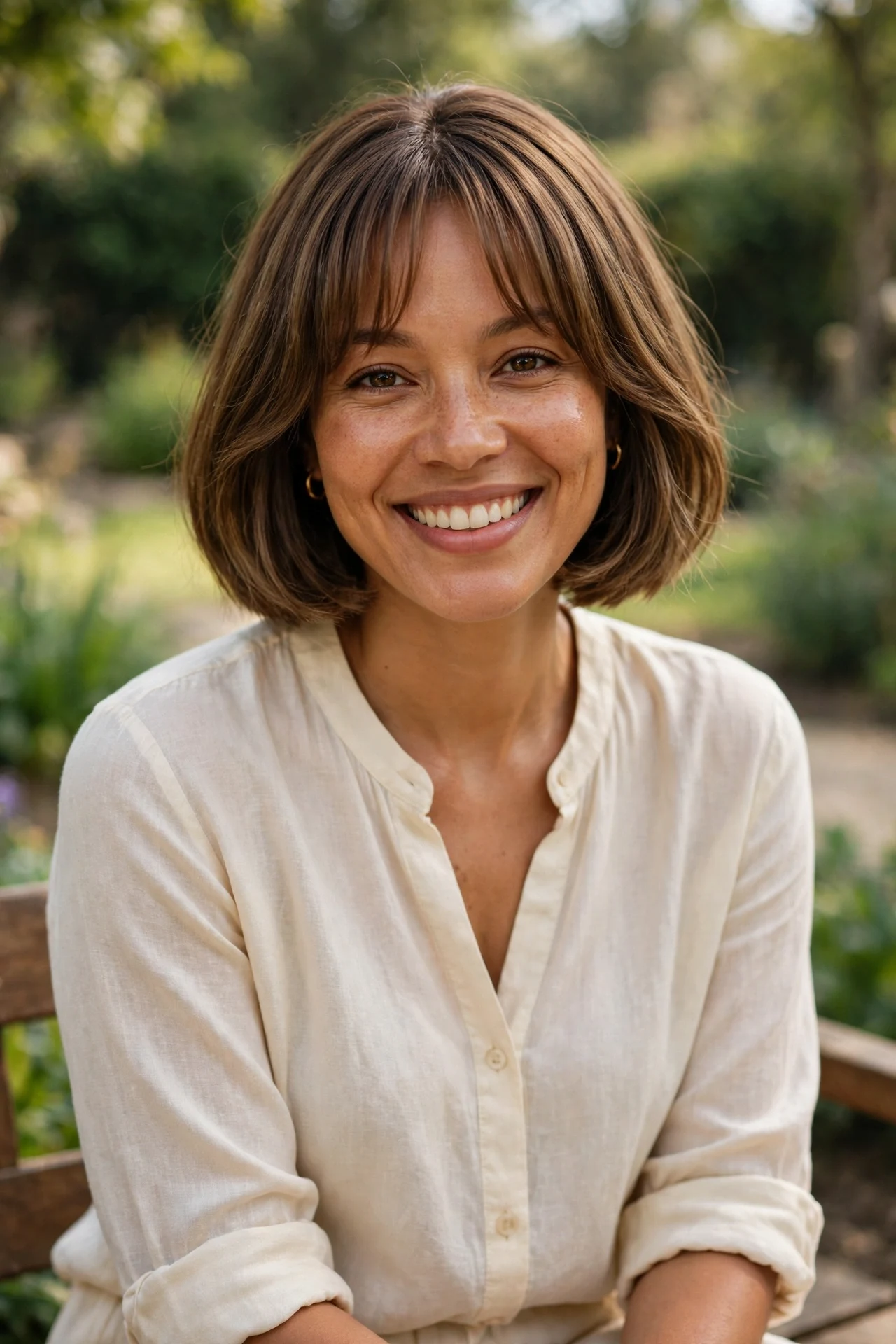French bob round face haircut below the chin with curtain bangs on a smiling woman