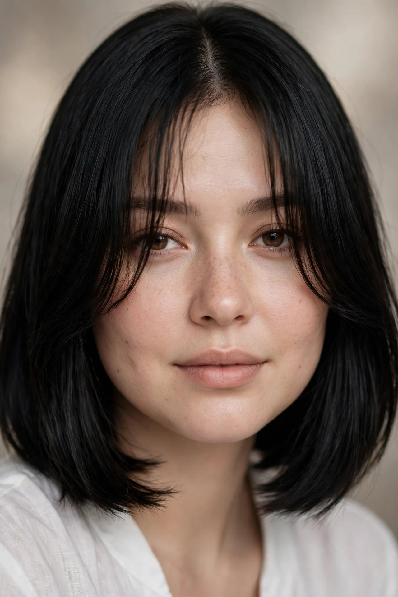 Lob with long cheekbone bangs on a round faced woman