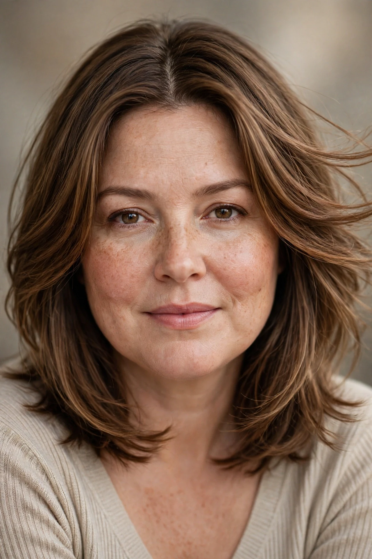Long layered lob at collarbone length on a round faced woman