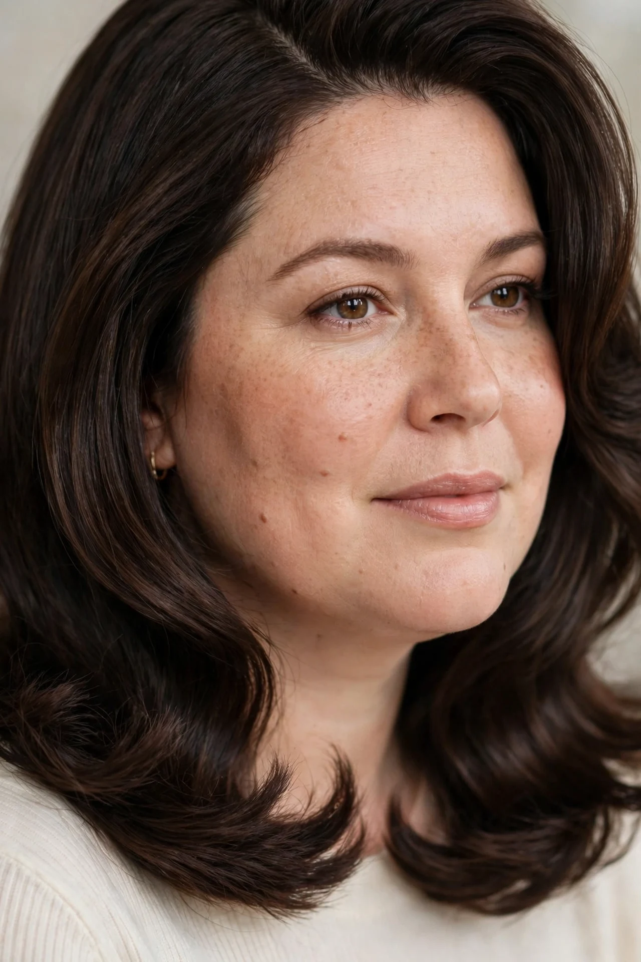 Bouncy blowout lob at collarbone length on a round faced woman
