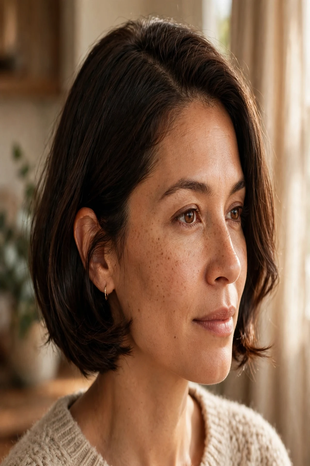 Side part french bob with long layers elongating a round face