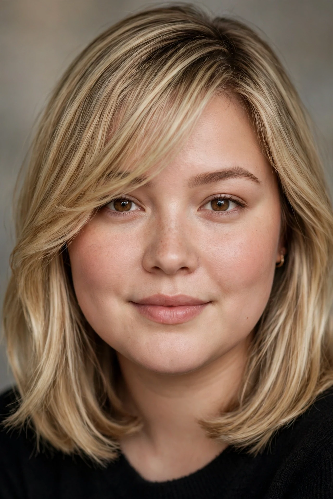 Side swept bangs lob on a round faced woman with highlighted hair