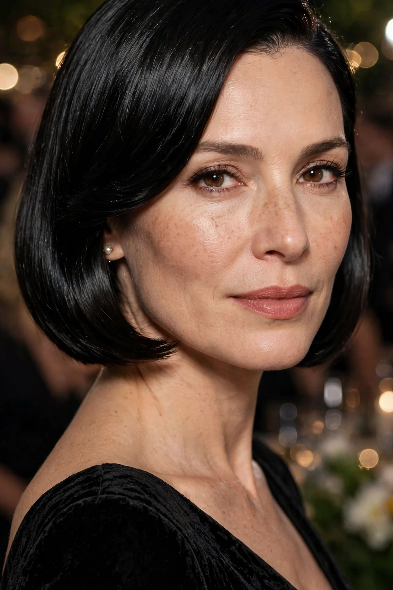 Sleek polished french bob with side part on a round face