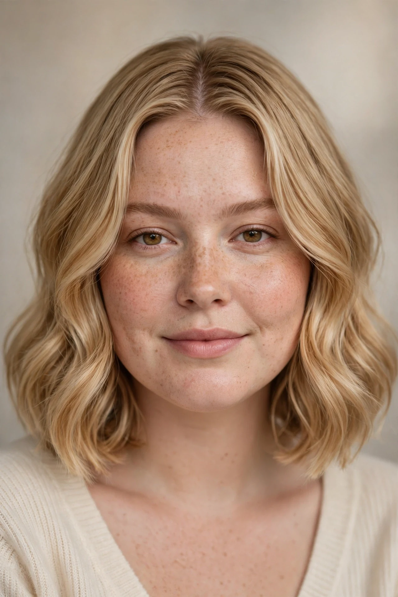 Soft wavy lob with loose waves on a round faced woman