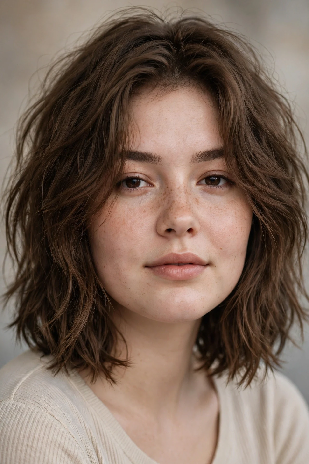 Textured lob with piecey ends on a round faced woman